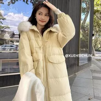 Новая куртка-пуховик женская зимняя теплая куртка средней и длинной оригинального дизайна с капюшоном 90% белый утиный пух One size fits all [80-75kg] белый