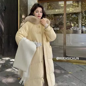 Новая куртка-пуховик женская зимняя теплая куртка средней и длинной оригинального дизайна с капюшоном 90% белый утиный пух S [recommended 80--60kg]