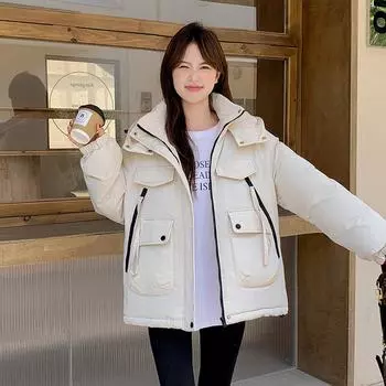 Новая куртка с капюшоном, хлопковая куртка, утепленная куртка, женская рабочая куртка из хлопка, свободная и универсальная модная хлопковая куртка. M чёрный