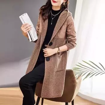 Новая куртка с капюшоном, кардиган средней длины, осенне-зимний женский свитер, свободный вязаный топ S
