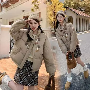 Новая куртка с пуговицами на роге, женская короткая куртка в корейском стиле, свободная куртка для студентов, зимнее пальто M чёрный