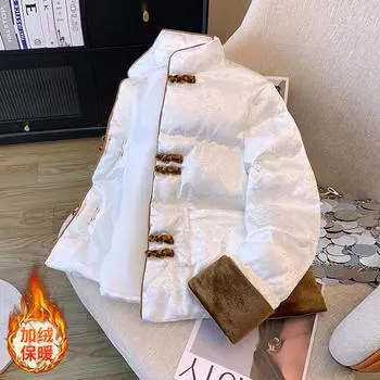 Новая куртка-стеганая бежевая в китайском стиле с цветочным принтом в стиле ретро 2024 года, зимняя новая высококачественная куртка-пряжка для женщин в стиле ретро S белый