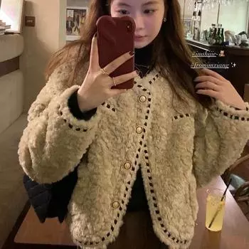 Новая куртка Xiaoxiangfeng из искусственной шерсти кролика Рекс с цветочным принтом, пальто из шерсти ягненка, зимнее утолщенное теплое плюшевое пальто для женщин s 80-47.5 kg