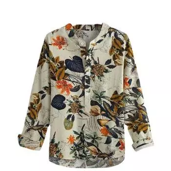 Новая льняная хлопковая блузка с длинным рукавом и принтом, модные повседневные женские блузки и рубашки в стиле ретро S хаки