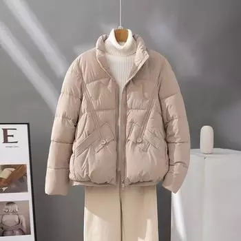 Новая легкая хлопковая одежда для осени и зимы, женская короткая модная куртка в зарубежном стиле, свободного кроя со стойкой, теплая M хаки