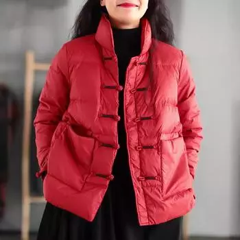 Новая легкая куртка-пуховик в китайском стиле с пряжкой, женская короткая, свободная, большого размера, воротник-стойка, наряд для мамы M красный