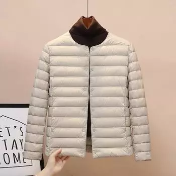 Новая легкая куртка-пуховик женская белая утиная пуховая осенне-зимняя с подкладкой круглый вырез V-образный вырез две вещи большой размер тонкий короткий пиджак S