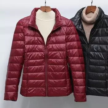 Новая легкая куртка-пуховик женская короткая с капюшоном и воротником-стойкой, тонкая легкая белая короткая куртка на утином пуху женская большого размера S