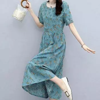 Новая летняя элегантная модная богемная свободная женская одежда в корейском стиле с принтом, хлопково-льняные платья с круглым вырезом и короткими рукавами Y2K