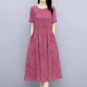 Новая летняя элегантная модная богемная свободная женская одежда в корейском стиле с принтом, хлопково-льняные платья с круглым вырезом и короткими рукавами Y2K