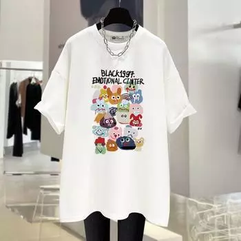 Новая летняя американская ретро-футболка с рисунком из мультфильма, большая версия, свободная хлопковая черная футболка с короткими рукавами для женщин, средняя длина M