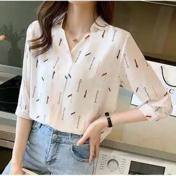 Новая летняя блузка с принтом, модная женская рубашка с отложным воротником и рукавами 3/4, женская Blusas Mujer XXXL бежевый