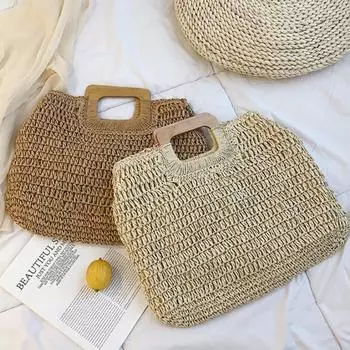 Новая летняя богемная женская соломенная пляжная сумка с деревянной ручкой, большие соломенные сумки, тканая сумка ручной работы 43*7*34cm бежевый