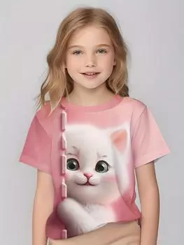 Новая летняя детская футболка с милым аниме-принтом кота, модные дышащие топы с короткими рукавами, высококачественная одежда 100