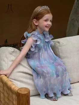 Новая летняя детская одежда, кружевное платье без рукавов для девочек, корейское детское шифоновое платье, длинное платье 90 разноцветный