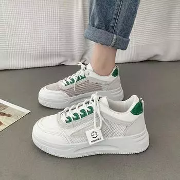 Новая летняя дышащая легкая женская обувь с сеткой, мягкая кожаная обувь с толстой подошвой, женская повседневная спортивная белая обувь 35