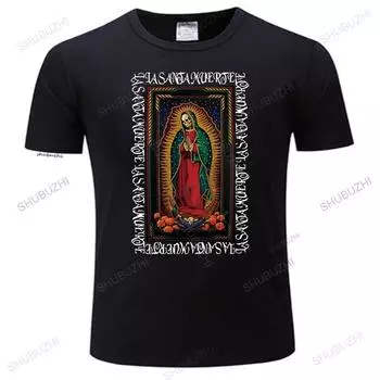 Новая летняя футболка черного цвета La Santa Muerte Saint Death, хлопковая брендовая футболка унисекс с круглым вырезом, уличная футболка с принтом, футболка оверсайз