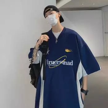 Новая летняя футболка для мальчиков с вышивкой и V-образным вырезом, рукавами-пятью точками – модный и простой дизайн Medium