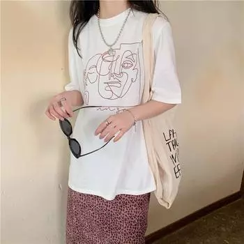 Новая летняя футболка Ins Retro Loose and Versatile Line Printed с короткими рукавами для женщин с круглым вырезом, базовая рубашка в тренде M