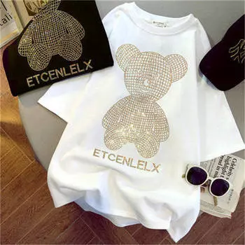 Новая летняя футболка из чистого хлопка с короткими рукавами для мужчин и женщин с изображением медведей и бриллиантов для пар, свободные универсальные топы большого размера M белый