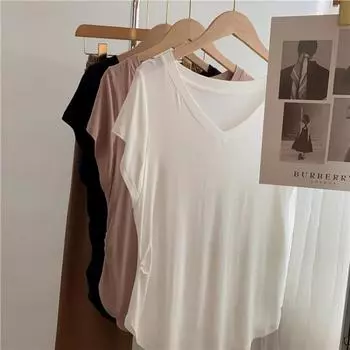 Новая летняя футболка с коротким рукавом и v-образным вырезом размера плюс, женские свободные летние тонкие элегантные футболки из модала, женские сексуальные однотонные офисные женские футболки для йоги 24288 M белый