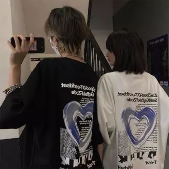 Новая летняя футболка с короткими рукавами для мужчин и женщин, свободная американская повседневная футболка с принтом «любовь» для пары, футболка с половиной рукава M чёрный