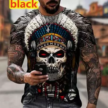 Новая летняя футболка с принтом черепа для мужчин, повседневная индийская уличная одежда с короткими рукавами в стиле хип-хоп, футболки с 3D принтом XS чёрный