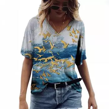 Новая летняя футболка в европейском и американском стиле с V-образным вырезом и коротким рукавом с 3D-принтом S