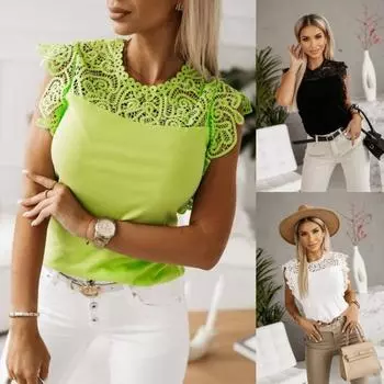 Новая летняя кружевная однотонная сексуальная рубашка без рукавов с вырезами S зелёный