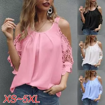 Новая летняя мода, свободная рубашка с полыми кружевными рукавами, повседневная шифоновая женская рубашка больших размеров S белый