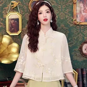 Новая летняя мода в китайском стиле с вышивкой шифоновая блузка рубашка женские топы блузки рубашки J330 S абрикосовый