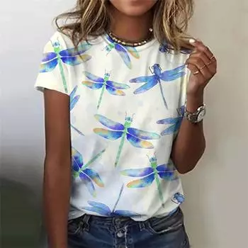 Новая летняя модная блузка женская футболка с принтом стрекозы топ с круглым вырезом короткий рукав модная футболка повседневная женская одежда S