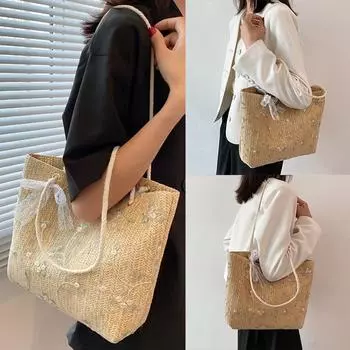 Новая летняя модная кружевная соломенная тканая сумка в корейском стиле, тканая женская сумка в западном стиле с вышивкой, большая вместительная женская сумка, студенческая сумка на плечо