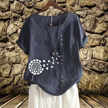 Новая летняя модная льняная футболка с принтом, женская блузка с короткими рукавами и круглым вырезом, женские свободные топы больших размеров XS темно-синий