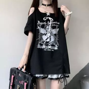 Новая летняя модная милая крутая нагрудная футболка с квадратным вырезом, открытыми плечами и короткими рукавами, повседневная свободная спортивная футболка средней длины S белый