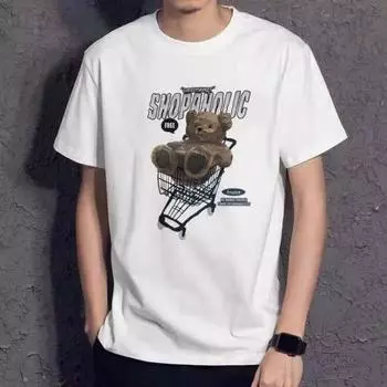 Новая летняя модная тенденция, микро-эластичная футболка с короткими рукавами, мужские универсальные топы с принтом медведя M чёрный