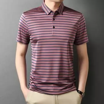 Новая летняя мужская футболка из шелкового шелка в полоску с короткими рукавами, повседневная футболка из ледяного шелка с лацканами M