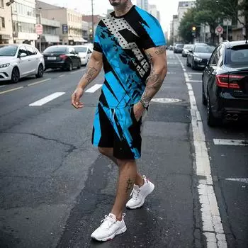 Новая летняя мужская футболка с короткими рукавами и шорты с 3D-принтом, спортивный комплект для бега, высококачественный повседневный праздничный комплект из двух предметов S