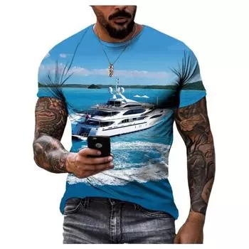 Новая летняя мужская футболка с рисунком яхты и парусника, 3D-принт, индивидуальный морской пейзаж, крутая, быстросохнущая, с коротким рукавом, модный топ с круглым вырезом S