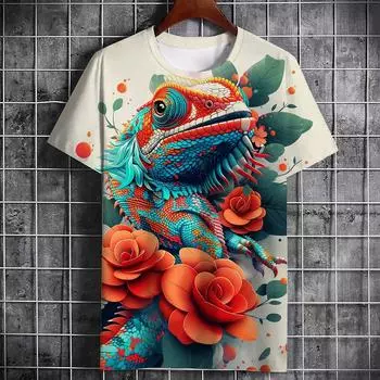 Новая летняя мужская футболка с рисунком ящерицы, 3D-принт, модная, с коротким рукавом и круглым воротником, с изображением тотема животного, повседневная, качественная S