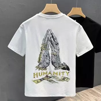 Новая летняя мужская хлопковая футболка с принтом, тонкая, с коротким рукавом, мужская футболка, топ S белый