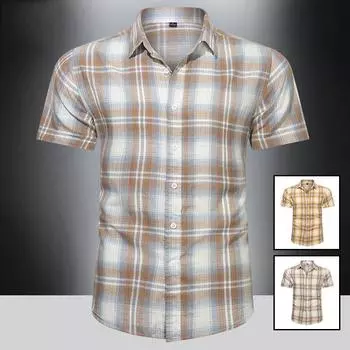 Новая летняя мужская хлопковая рубашка, мягкая, впитывающая пот, дышащая, с короткими рукавами, повседневная клетчатая рубашка с отложным воротником, большие размеры M