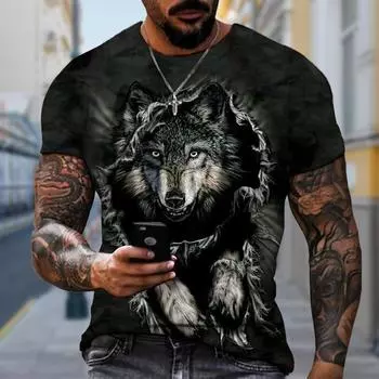 Новая летняя мужская модная футболка Breaking the Wall Wolf Printed Men s T-shirt Top XS чёрный