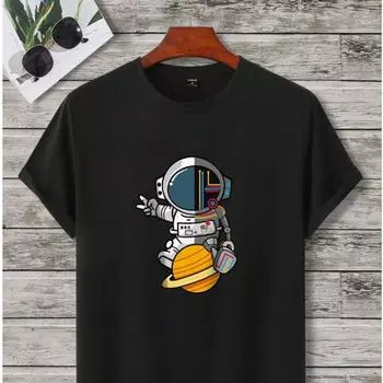 Новая летняя мужская модная футболка, креативная мужская футболка с принтом астронавта и планеты, топ XS чёрный