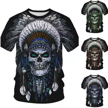 Новая летняя мужская модная футболка, мужская футболка с принтом скелета и перьев, топ XS синий