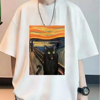 Новая летняя мужская модная футболка с изображением кота, мужская футболка с принтом, топ XS чёрный