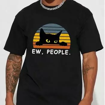Новая летняя мужская модная футболка с милым принтом кота, мужская футболка, топ XS чёрный