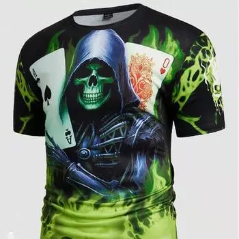 Новая летняя мужская модная футболка с персонализированным принтом черепа и покера, мужская футболка, топ XS чёрный