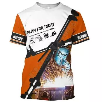 Новая летняя мужская модная футболка с принтом сварки, свободная повседневная футболка с 3D-принтом, воротником-стойкой и коротким рукавом, уличный топ больших размеров S