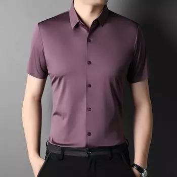 Новая летняя мужская модная повседневная рубашка с короткими рукавами для среднего возраста, бесшовная тонкая однотонная рубашка из ледяного шелка M